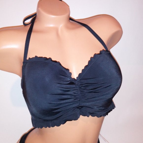 Victoria‎ Secret Swim Bikini 38C Top XL Bottom Black Solid Scallop Trim Lightly - Picture 5 of 10